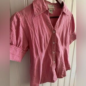 VINTAGE gingham cotton short sleeve button down blouse vneck size small